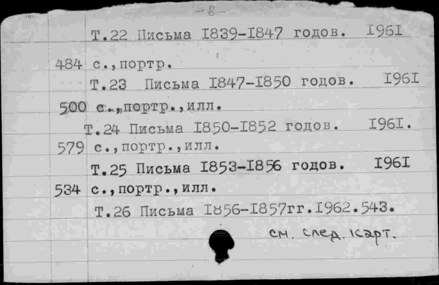 ﻿Т.22 Письма 1839-1847 годов. 1981 484 с.,портр.
Т.23 Письма 1847-1850 годов. 1961 500 с-„портр.,илл.
Т.24 Письма 1850-1852 годов. 1961. 579 с.,портр.,илл.
Т.25 Письма 1853-1856 годов. 1961 534 с.,портр.,илл.
Т.26 Письма 1856-1857гг.1962.543.